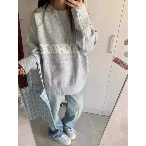 國潮oversize字母圓領毛衣女秋冬新寬鬆慵嬾風溫柔軟糯百搭針織衫