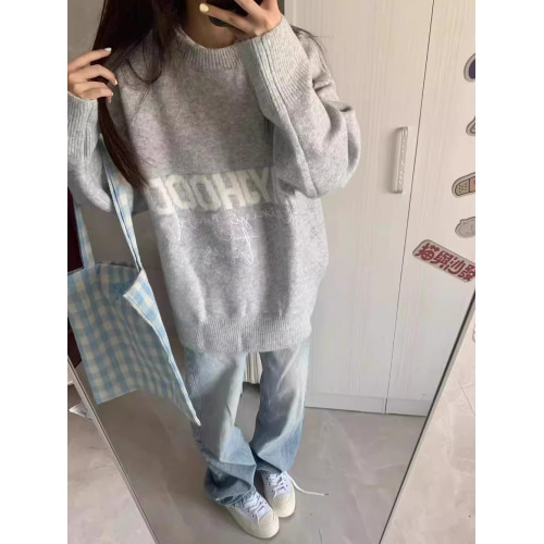 國潮oversize字母圓領毛衣女秋冬新寬鬆慵嬾風溫柔軟糯百搭針織衫
