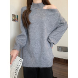 黑色半高領掛脖露肩毛衣裙女早秋裝大碼胖mm顯瘦中長款針織打底衫