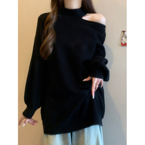 黑色半高領掛脖露肩毛衣裙女早秋裝大碼胖mm顯瘦中長款針織打底衫