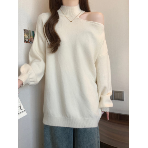 黑色半高領掛脖露肩毛衣裙女早秋裝大碼胖mm顯瘦中長款針織打底衫