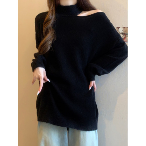 黑色半高領掛脖露肩毛衣裙女早秋裝大碼胖mm顯瘦中長款針織打底衫