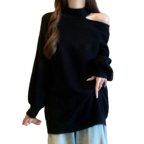 黑色半高領掛脖露肩毛衣裙女早秋裝大碼胖mm顯瘦中長款針織打底衫