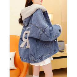 加絨加厚牛仔外套女短款小個子冬季寬松慵懶風羊羔毛絨派克服棉衣