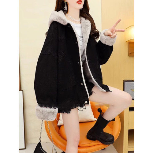 加絨加厚牛仔外套女短款小個子冬季寬松慵懶風羊羔毛絨派克服棉衣 加絨加厚牛仔外套女短款小個子冬季寬松慵懶風羊羔毛絨派克服棉衣