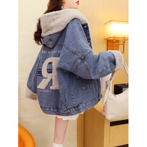 加絨加厚牛仔外套女短款小個子冬季寬松慵懶風羊羔毛絨派克服棉衣 加絨加厚牛仔外套女短款小個子冬季寬松慵懶風羊羔毛絨派克服棉衣