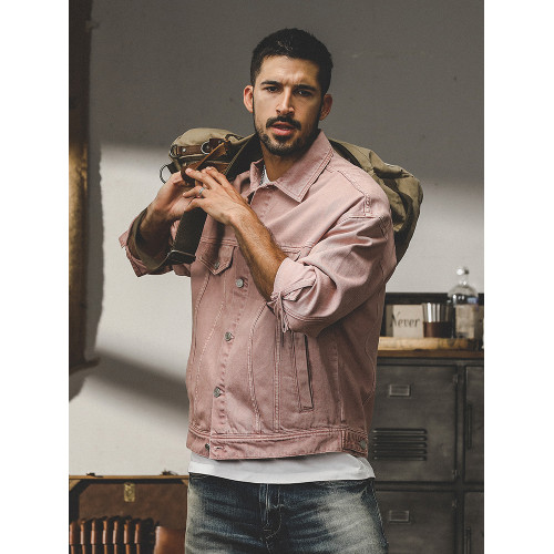 美式復古多巴胺粉色牛仔外套男春秋款潮流阿蘇特工裝加絨休閒夾克 美式復古多巴胺粉色牛仔外套男春秋款潮流阿蘇特工裝加絨休閒夾克