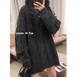 韓系復古黑色麻花毛衣女秋冬2025新款寬松慵懶風中長款針織衫上衣