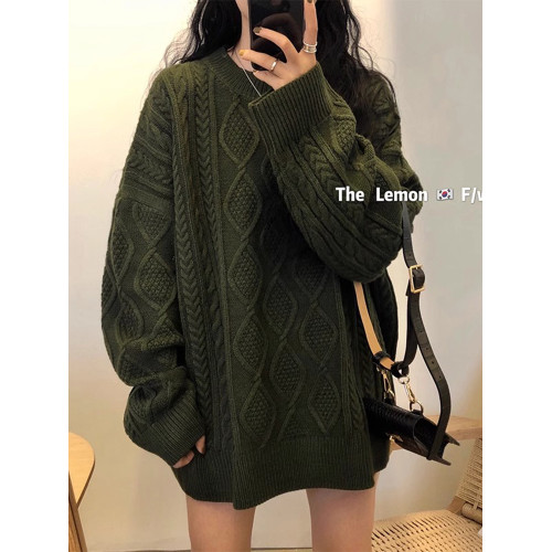 韓系復古黑色麻花毛衣女秋冬2025新款寬松慵懶風中長款針織衫上衣 韓系復古黑色麻花毛衣女秋冬2025新款寬松慵懶風中長款針織衫上衣