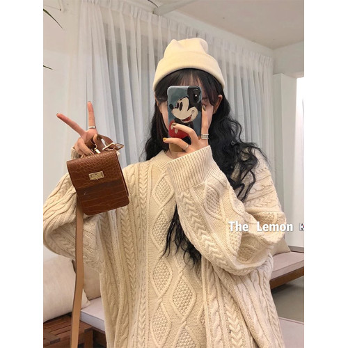 韓系復古黑色麻花毛衣女秋冬2025新款寬松慵懶風中長款針織衫上衣 韓系復古黑色麻花毛衣女秋冬2025新款寬松慵懶風中長款針織衫上衣