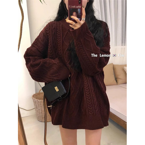 韓系復古黑色麻花毛衣女秋冬2025新款寬松慵懶風中長款針織衫上衣 韓系復古黑色麻花毛衣女秋冬2025新款寬松慵懶風中長款針織衫上衣