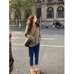 黑色圓領套頭麻花毛衣女秋冬韓系高級感寬松慵懶風外穿針織衫上衣