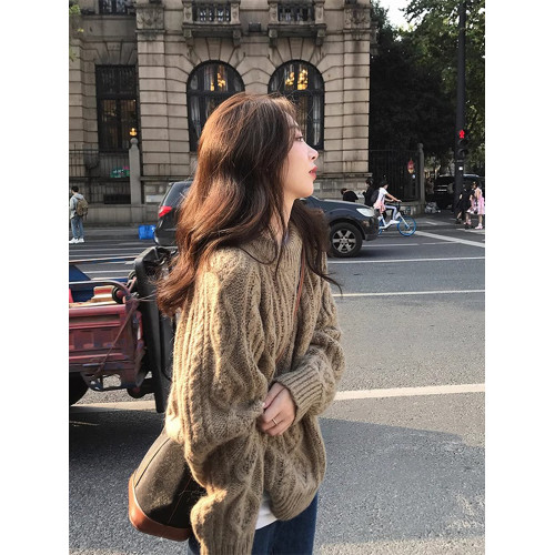 黑色圓領套頭麻花毛衣女秋冬韓系高級感寬松慵懶風外穿針織衫上衣 黑色圓領套頭麻花毛衣女秋冬韓系高級感寬松慵懶風外穿針織衫上衣