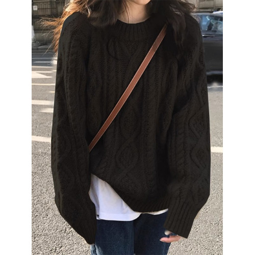 黑色圓領套頭麻花毛衣女秋冬韓系高級感寬松慵懶風外穿針織衫上衣 黑色圓領套頭麻花毛衣女秋冬韓系高級感寬松慵懶風外穿針織衫上衣