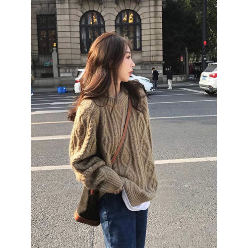 黑色圓領套頭麻花毛衣女秋冬韓系高級感寬松慵懶風外穿針織衫上衣 黑色圓領套頭麻花毛衣女秋冬韓系高級感寬松慵懶風外穿針織衫上衣