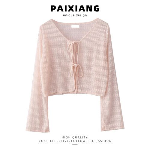 PAIXIANG/藍色開衫罩衫女夏季薄款針織防曬衣搭配吊帶裙的小外搭