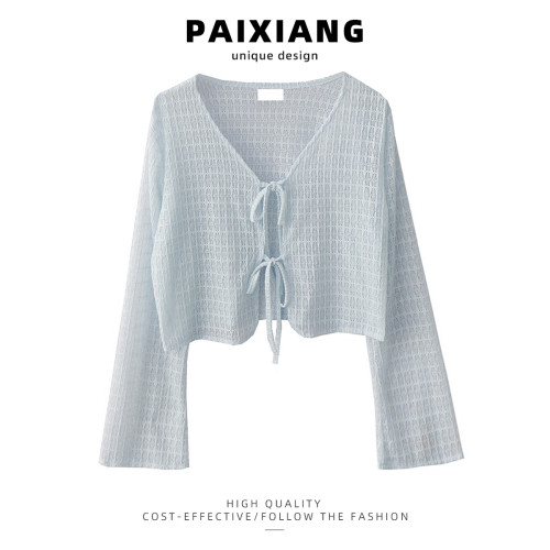 PAIXIANG/藍色開衫罩衫女夏季薄款針織防曬衣搭配吊帶裙的小外搭