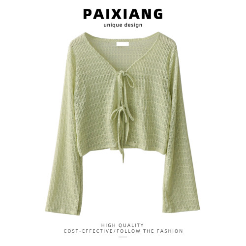 PAIXIANG/藍色開衫罩衫女夏季薄款針織防曬衣搭配吊帶裙的小外搭