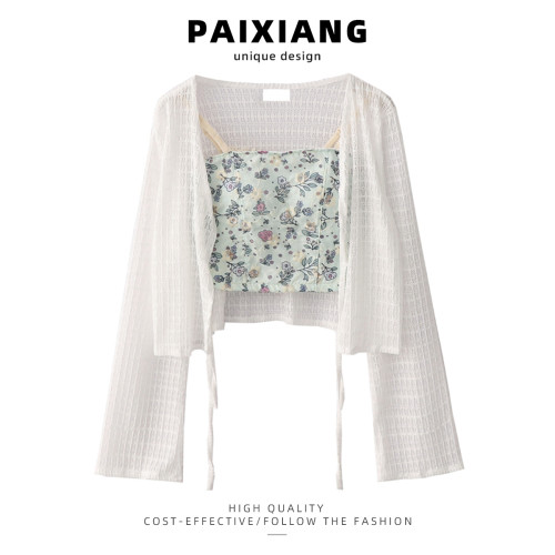 PAIXIANG/藍色開衫罩衫女夏季薄款針織防曬衣搭配吊帶裙的小外搭