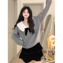 甜美設計感穿搭娃娃領毛衣女秋冬小個子溫柔減齡慵懶風針織衫上衣