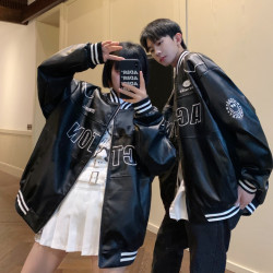 情侶裝春秋季潮牌嘻哈oversize寬松刺綉棒球服男女PU皮衣夾克外套