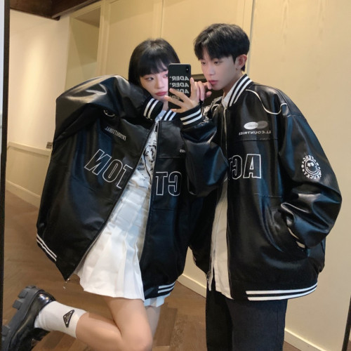 情侶裝春秋季潮牌嘻哈oversize寬松刺綉棒球服男女PU皮衣夾克外套