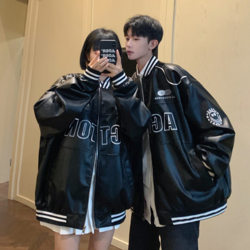 情侶裝春秋季潮牌嘻哈oversize寬松刺綉棒球服男女PU皮衣夾克外套