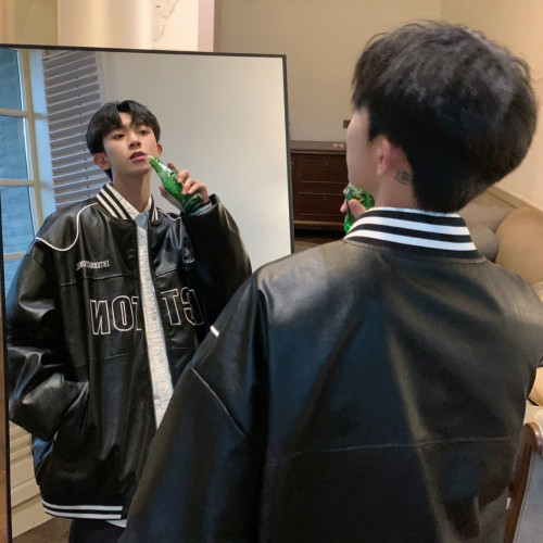 情侶裝春秋季潮牌嘻哈oversize寬松刺綉棒球服男女PU皮衣夾克外套