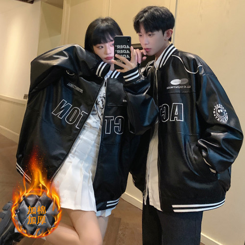 情侶裝春秋季潮牌嘻哈oversize寬松刺綉棒球服男女PU皮衣夾克外套