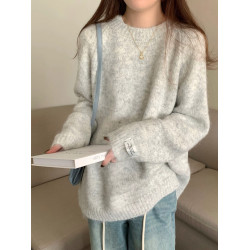 藍色軟糯圓領毛衣女秋冬內搭小個子寬松慵懶風套頭針織衫加厚上衣