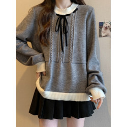 學院風灰色麻花毛衣女早秋裝大碼胖mm顯瘦蝴蝶結減齡中長款針織衫