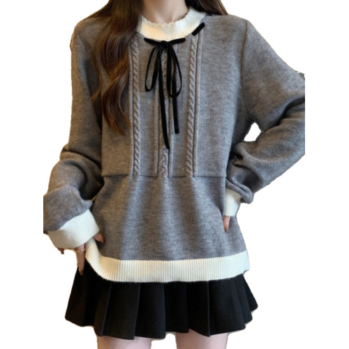 學院風灰色麻花毛衣女早秋裝大碼胖mm顯瘦蝴蝶結減齡中長款針織衫 學院風灰色麻花毛衣女早秋裝大碼胖mm顯瘦蝴蝶結減齡中長款針織衫