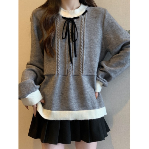 學院風灰色麻花毛衣女早秋裝大碼胖mm顯瘦蝴蝶結減齡中長款針織衫 學院風灰色麻花毛衣女早秋裝大碼胖mm顯瘦蝴蝶結減齡中長款針織衫