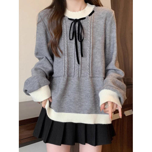 學院風灰色麻花毛衣女早秋裝大碼胖mm顯瘦蝴蝶結減齡中長款針織衫 學院風灰色麻花毛衣女早秋裝大碼胖mm顯瘦蝴蝶結減齡中長款針織衫