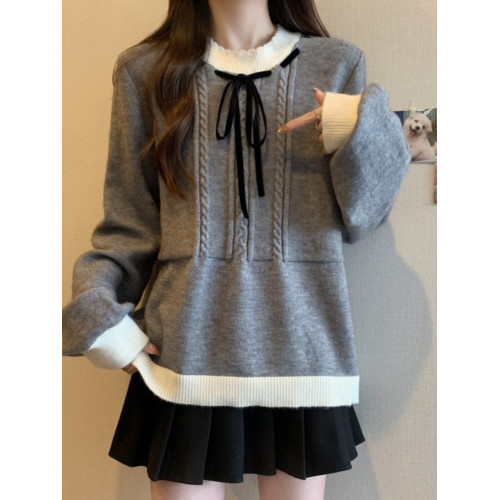 學院風灰色麻花毛衣女早秋裝大碼胖mm顯瘦蝴蝶結減齡中長款針織衫 學院風灰色麻花毛衣女早秋裝大碼胖mm顯瘦蝴蝶結減齡中長款針織衫