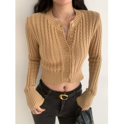 歐美復古圓領單排釦麻花針織開衫女修身顯瘦高腰短款系釦長袖毛衣