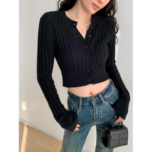 歐美復古圓領單排釦麻花針織開衫女修身顯瘦高腰短款系釦長袖毛衣