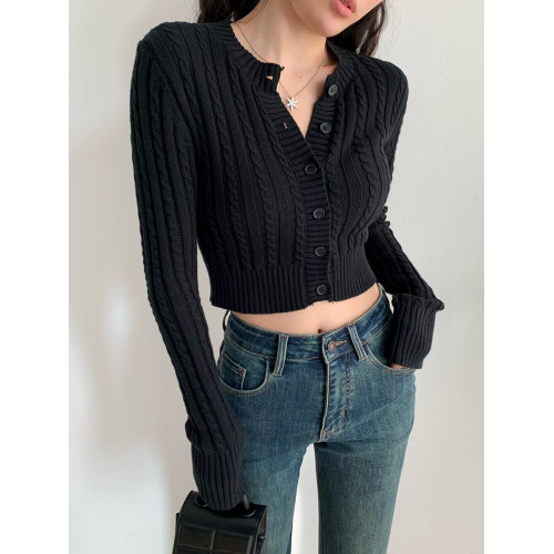 歐美復古圓領單排釦麻花針織開衫女修身顯瘦高腰短款系釦長袖毛衣