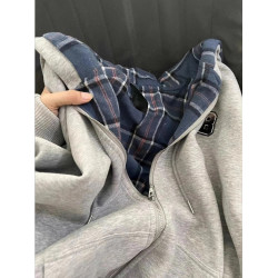 美式復古假兩件格子連帽衛衣男女秋冬設計感加絨加厚刺綉外套上衣