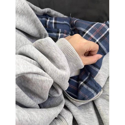 美式復古假兩件格子連帽衛衣男女秋冬設計感加絨加厚刺綉外套上衣 美式復古假兩件格子連帽衛衣男女秋冬設計感加絨加厚刺綉外套上衣