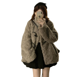 冬季立領羊羔毛外套女加厚寬松高級感毛絨茸茸皮草一體牛角釦棉服