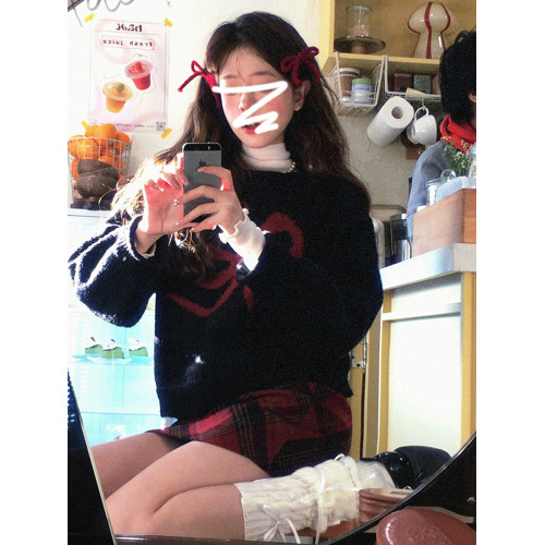 美式復古黑色蝴蝶結套頭毛衣女秋冬2026新款加厚保暖內搭針織上衣