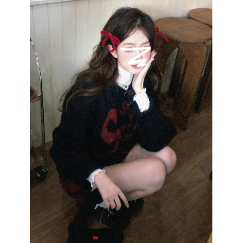 美式復古黑色蝴蝶結套頭毛衣女秋冬2026新款加厚保暖內搭針織上衣