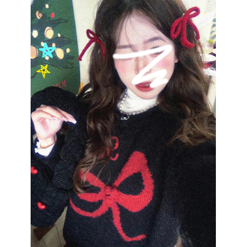 美式復古黑色蝴蝶結套頭毛衣女秋冬2026新款加厚保暖內搭針織上衣