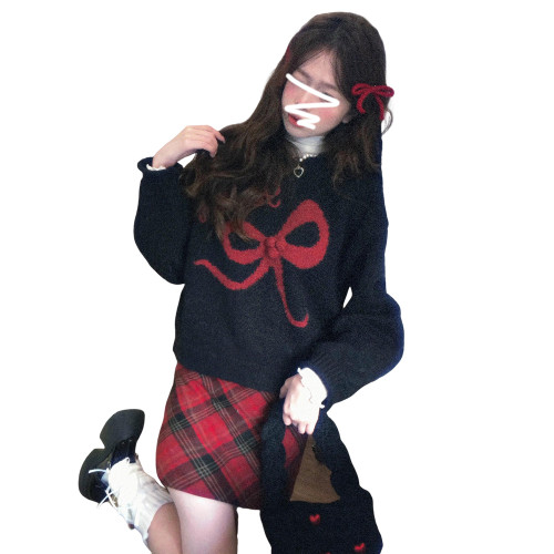 美式復古黑色蝴蝶結套頭毛衣女秋冬2026新款加厚保暖內搭針織上衣