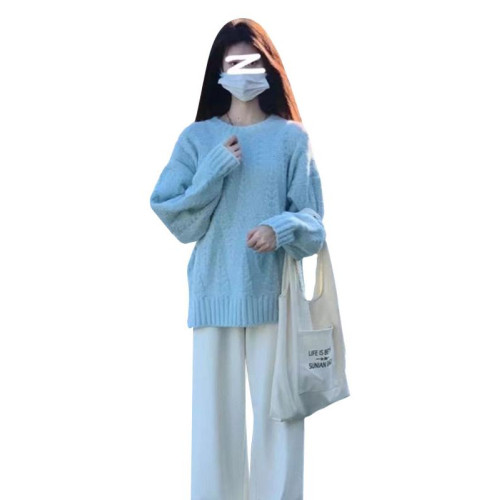 藍色套頭毛衣女秋冬季2026新款慵嬾高級感加厚內搭打底針織衫上衣