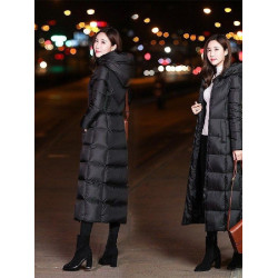 輕薄羽絨服女長款連帽過膝輕便修身大碼黑色超輕薄保暖女式外套