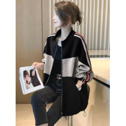 2025春秋立領休閒外套女新款寬松大碼洋氣減齡開衫時尚杠條棒球服