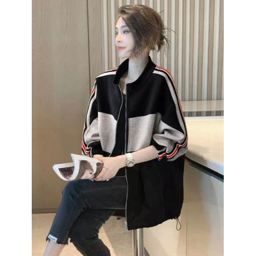 2025春秋立領休閒外套女新款寬松大碼洋氣減齡開衫時尚杠條棒球服 2025春秋立領休閒外套女新款寬松大碼洋氣減齡開衫時尚杠條棒球服