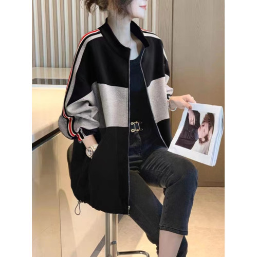 2025春秋立領休閒外套女新款寬松大碼洋氣減齡開衫時尚杠條棒球服 2025春秋立領休閒外套女新款寬松大碼洋氣減齡開衫時尚杠條棒球服